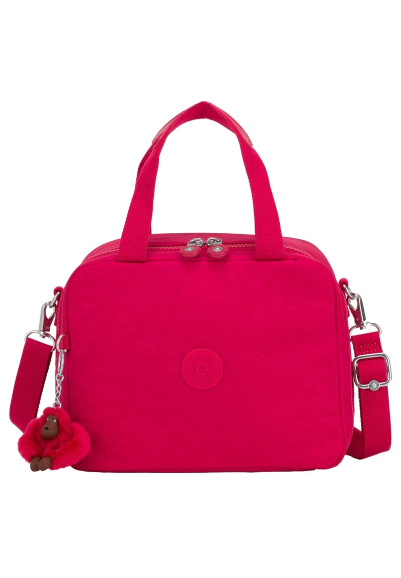Roze stoffen tas met dubbele handvatten, verstelbare schouderband, metalen ritsen en een bont charme eraan bevestigd. Heeft een gestructureerd oppervlak en een logo detail.
