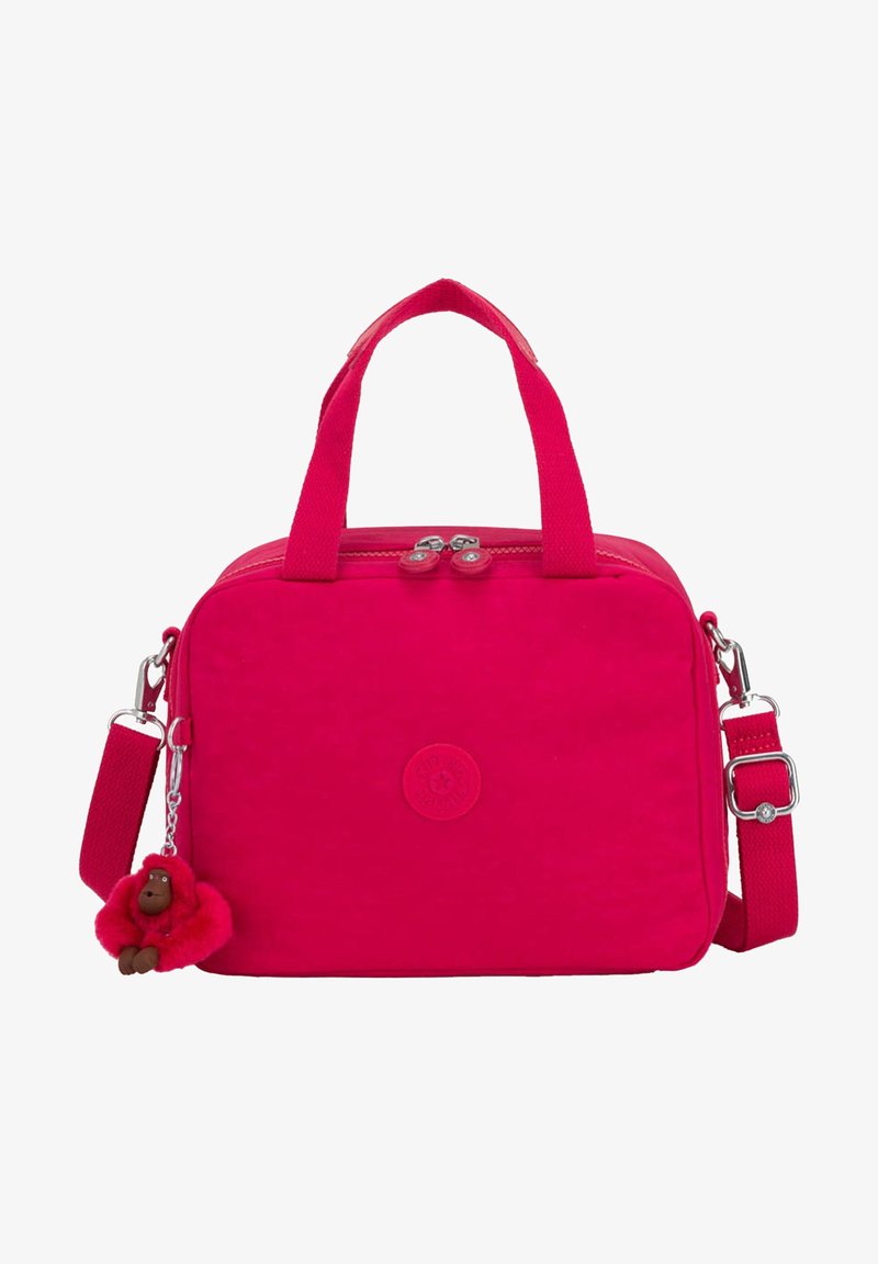 Borsa in tessuto rosa con doppi manici, tracolla regolabile, cerniere metalliche e un charm in pelliccia attaccato. Presenta una superficie testurizzata e dettagli del logo.