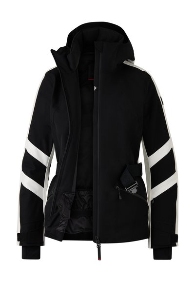 Schwarze Jacke mit weißen diagonalen Streifen, Reißverschluss vorne, verstellbarer Kapuze und mehreren Taschen mit einer glatten, strukturierten Oberfläche.
