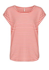 Camiseta de manga corta a rayas coral y blanca. Cuello redondo, corte holgado, tejido suave, dobladillo curvado y aberturas laterales para mayor comodidad y movimiento.