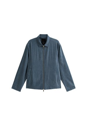 Striped blue jacket with a collar, front zipper, and side pockets. Features a relaxed fit with long sleeves and textured fabric.