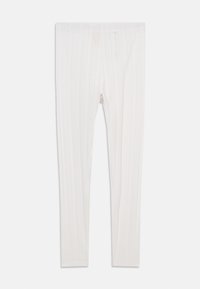 Leggings tricotés blancs avec un subtil motif en dentelle verticale et une taille élastique, présentés à plat sur un fond blanc.