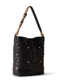 Black quilted leather shoulder bag with woven beige and black adjustable strap, circular stitched design, and gold-tone hardware accents.