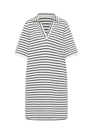 Weißes Kleid mit kurzen Ärmeln und navyblauen horizontalen Streifen, einem V-Ausschnitt und einem umgeschlagenen Kragen.