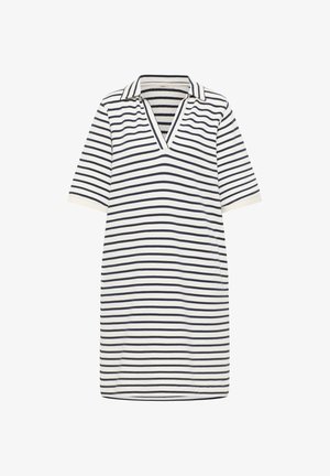 White short-sleeve dress with navy horizontal stripes, a V-neck opening, and a folded collar.