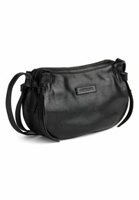 Borsa in pelle nera con una forma arrotondata, caratterizzata da una chiusura con zip, spallacci sottili e un logo in rilievo discreto sul fronte. Texture liscia.