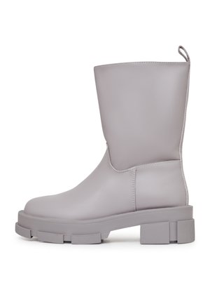 Gray faux leather knee-high boot with a rounded toe, thick platform sole, and textured accents. Features a pull tab for easy wear.