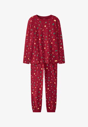 Roter Pyjama-Set mit langärmligem Oberteil und Hose, geschmückt mit bunten, weihnachtlichen Mustern, aus weichem, bequemen Stoff gefertigt.
