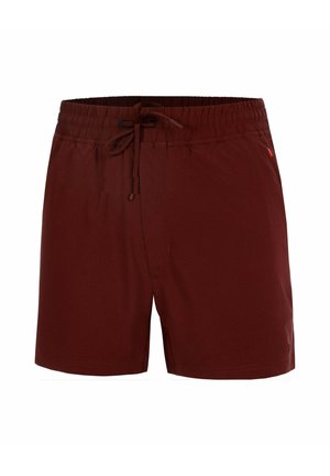 Dunkelrote Herren-Badeshorts mit elastischem Bund und verstellbarem Kordelzug, mit Seitentaschen und mittellangem Bein.