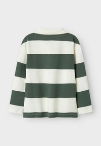 Lange mouwen rugbyshirt met brede horizontale witte en donkergroene strepen, en een witte kraag, gepresenteerd op een effen achtergrond.
