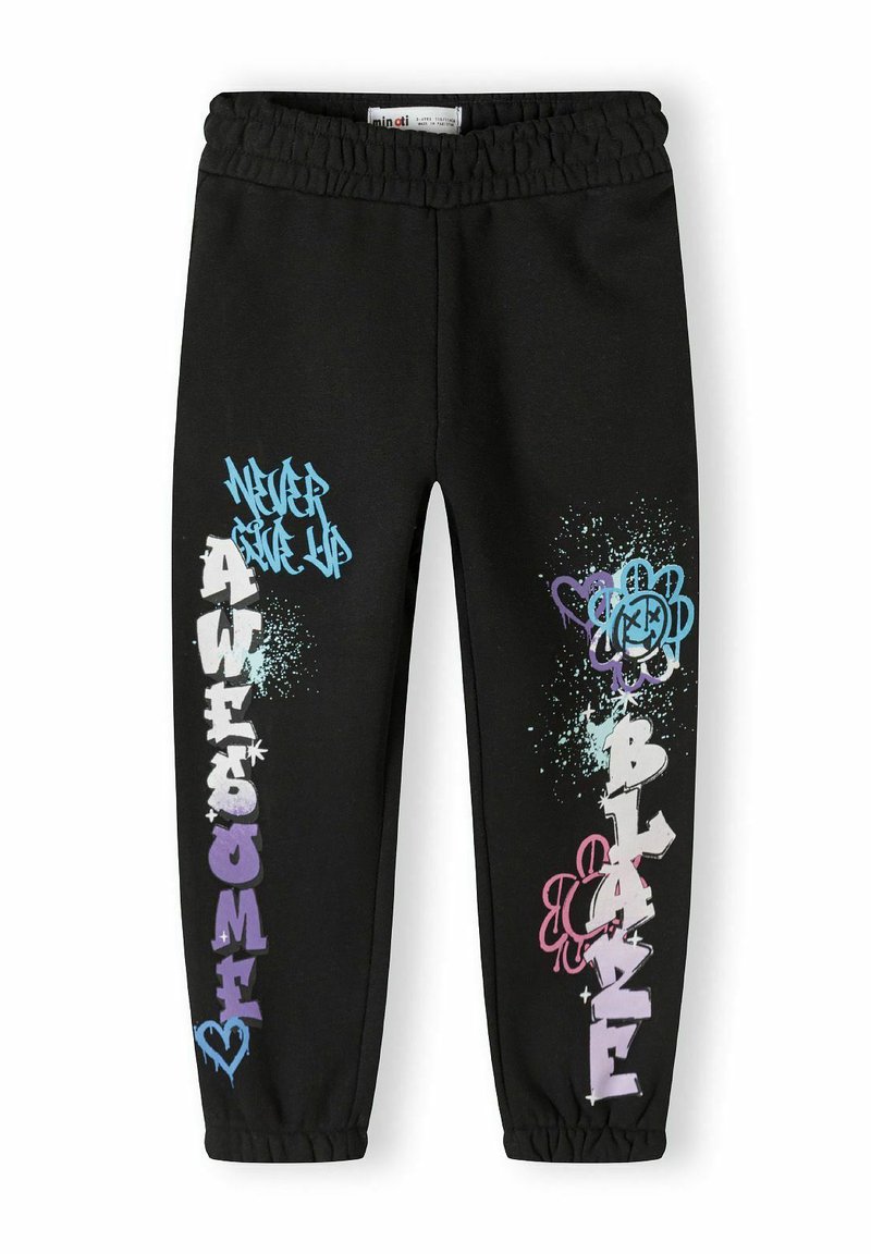 Pantalons de survêtement noirs avec une taille élastique, ornés de texte de style graffiti en bleu, violet et rose, accompagnés d'accents de taches.