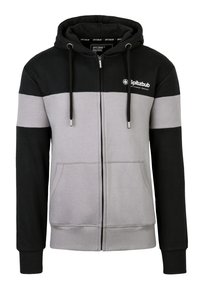 Hoodie met ritssluiting, gemaakt van een katoenmix. Kleurvlakken in zwart en lichtgrijs met voorzakken en trekkoorden.