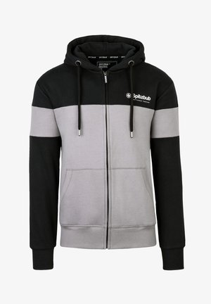 Hooded sweatshirt featuring a zip closure, made of cotton-blend fabric. Color blocks in black and light grey with front pockets and drawstrings.