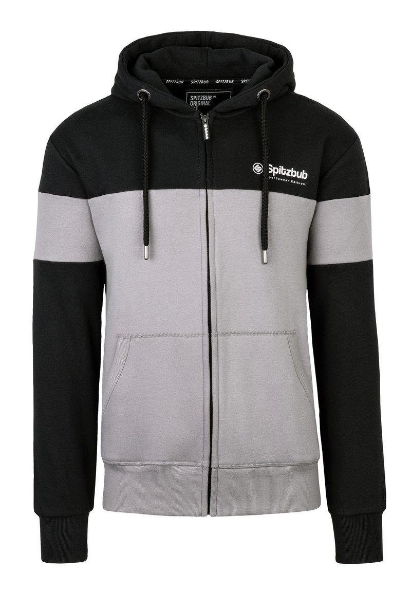 Hoodie met ritssluiting, gemaakt van een katoenmix. Kleurvlakken in zwart en lichtgrijs met voorzakken en trekkoorden.
