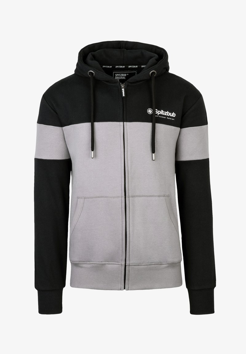Hoodie met ritssluiting, gemaakt van een katoenmix. Kleurvlakken in zwart en lichtgrijs met voorzakken en trekkoorden.