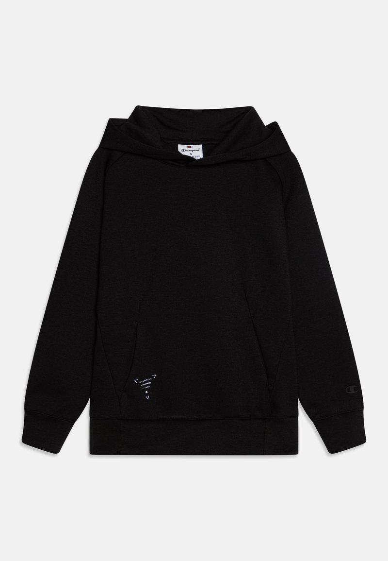 Haut de hoodie noir avec un col montant, des manches longues, des poches avant et un graphique triangulaire sur le bas à gauche. Fabriqué en tissu doux et texturé.