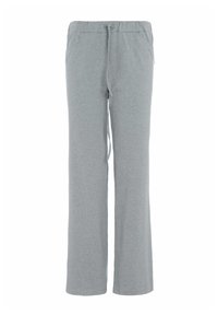 Grijze, lange broek van zacht, rekbaar materiaal. Voorzien van een elastische tailleband met een trekkoord en zijzakken. Eenvoudig ontwerp.