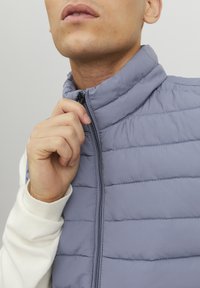 Man wearing light gray quilted vest and white long-sleeve shirt, holding zipper near high collar against plain background.