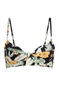 Zwarte bikini-top met een bloemenprint in geel en groen, met verstelbare bandjes en een cirkelvormige metalen accent in het midden.