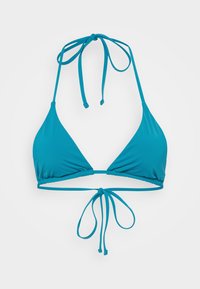 Teal bikini top featuring a triangular shape, adjustable halter straps, and a tie at the back. Made from smooth, stretchy material.
