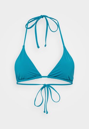Teal bikini top featuring a triangular shape, adjustable halter straps, and a tie at the back. Made from smooth, stretchy material.