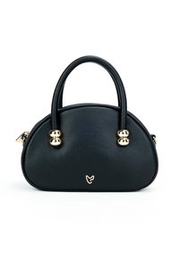 Borsa a mano in pelle nera con texture, forma tondeggiante, doppi manici e dettagli in metallo dorato. Presenta un piccolo logo sul davanti.