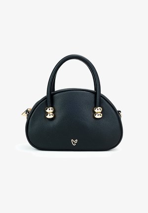 Borsa a mano in pelle nera con texture, forma tondeggiante, doppi manici e dettagli in metallo dorato. Presenta un piccolo logo sul davanti.