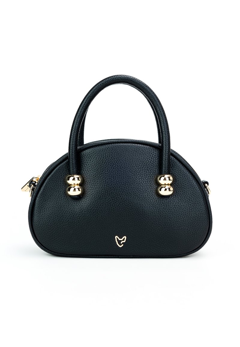 Czarna torebka ze strukturalnej skóry o zaokrąglonym kształcie, z podwójnymi uchwytami i złotymi akcentami. Posiada małe logo z przodu.