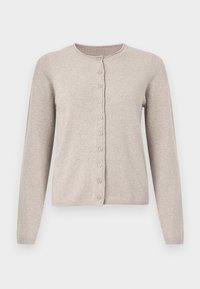 Beige cardigan made of soft knit fabric, featuring a round neckline, long sleeves, and a button-down front with eight matching buttons.