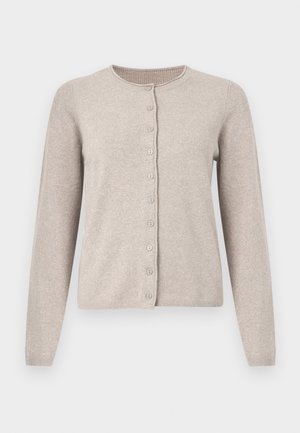 Beige cardigan made of soft knit fabric, featuring a round neckline, long sleeves, and a button-down front with eight matching buttons.