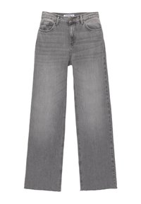 Jeans en denim gris à coupe large avec finition délavée, conception à cinq poches et passants pour ceinture. Comprend une braguette zippée avec fermeture par bouton.