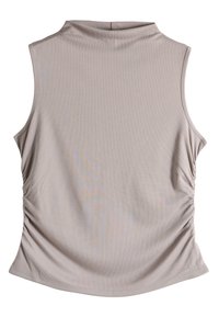 Haut sans manches gris clair avec col montant, texture côtelée douce et détails froncés sur les côtés pour une forme ajustée et une silhouette définie.