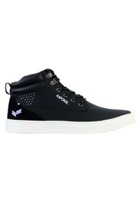 Sneakers alte nere con tomaia sintetica, suola in gomma bianca, occhielli in metallo e accenti testurizzati sui lati con logo del marchio.