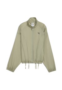 Veste courte vert clair avec des manches longues, taille élastique et fermeture éclair à l'avant. Présente des détails cousus et un petit logo noir.