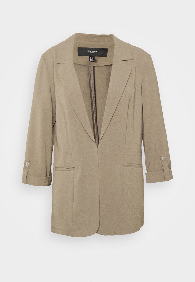Beige Blazer mit Revers, zwei Fronttaschen und hochgerollten Ärmeln, die mit Druckknöpfen befestigt sind. Hergestellt aus weichem, strukturiertem Stoff.
