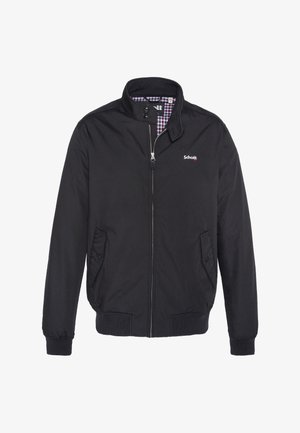 Schwarze Reißverschlussjacke mit Stehkragen, schwarzen Klappentaschen mit Knöpfen, gerippten Bündchen und Saum sowie kleinem "Schott"-Logo auf der Brust.