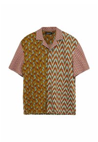 Short-sleeve shirt featuring a colorful zigzag pattern in brown, green, and pink. The design is divided into two contrasting fabric sections.
