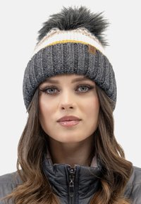 Gray knitted beanie with a striped pattern in white, yellow, and blue. Features a fluffy gray pom-pom and a brown leather tag.