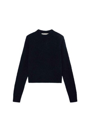 Maglione corto blu scuro, texture lavorata a maglia, colletto rotondo, maniche lunghe, con un motivo a diamante che attraversa il tessuto.