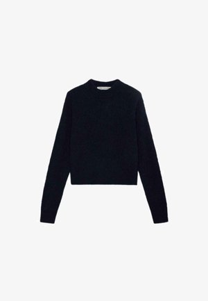 Maglione corto blu scuro, texture lavorata a maglia, colletto rotondo, maniche lunghe, con un motivo a diamante che attraversa il tessuto.