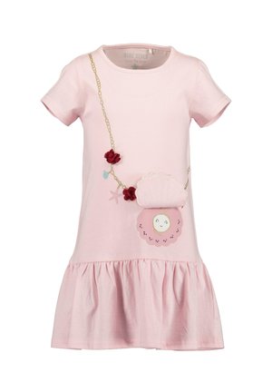 Vestito corto in cotone rosa con orlo a volant, caratterizzato da un motivo a conchiglia, accenti floreali e una catena. Scollo rotondo e maniche corte.