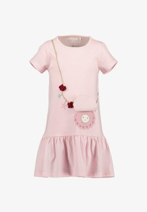 Robe courte en coton rose avec ourlet à volants, arborant un motif coquillage, des accents floraux et une chaîne. Encolure ronde et manches courtes.
