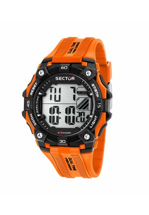 Orologio sportivo digitale con cinturino arancione, ghiera nera robusta, funzioni di doppio fuso orario e cronografo, visualizza ora e data sullo schermo LCD.
