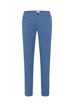 Blaue Baumwollhosen im Slim-Fit-Schnitt mit einer einzigen Vordertasche, einem Knopfverschluss und einer glatten Textur.