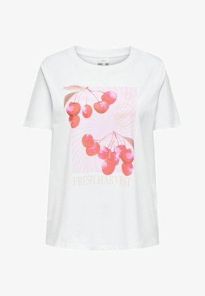 T-shirt en coton blanc avec un graphique de cerise rose et le texte "FRAÎCHE RÉCOLTE". Manches courtes, coupe décontractée et texture douce.