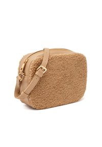 Borsa a tracolla beige con frontale testurizzato e peloso, lati in pelle liscia, cerniera dorata e tracolla regolabile. Forma rettangolare.