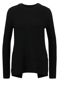 Musta ribbed-neulepusero pitkillä hihoilla, pyöreällä kaula-aukolla ja pidemmällä takasaumalla. Silkyyntuntuinen pinta ja tiivistetty malli.