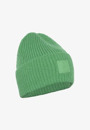 Green ribbed knit beanie featuring a folded brim and a textured rubber label on the side. Soft material with a smooth finish.