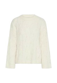 Maglione bianco lavorato a maglia con motivo a trecce, scollo rotondo, maniche lunghe e polsini a costine. Tessuto morbido e strutturato con una vestibilità comoda.