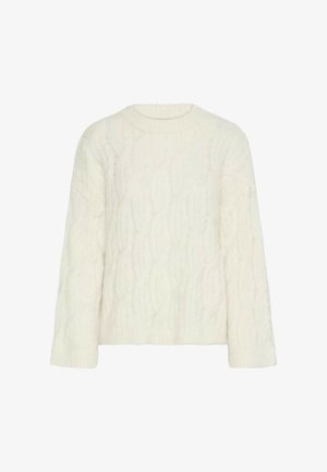 Maglione bianco lavorato a maglia con motivo a trecce, scollo rotondo, maniche lunghe e polsini a costine. Tessuto morbido e strutturato con una vestibilità comoda.